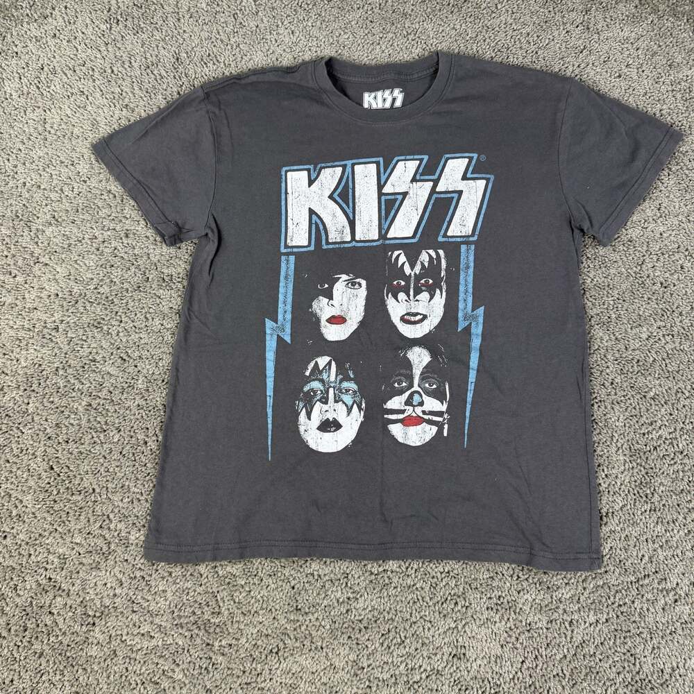 KISS Shirt Mens M Gray Faces Graphic Band Logo Crew Neck Tagless Cotton Rock